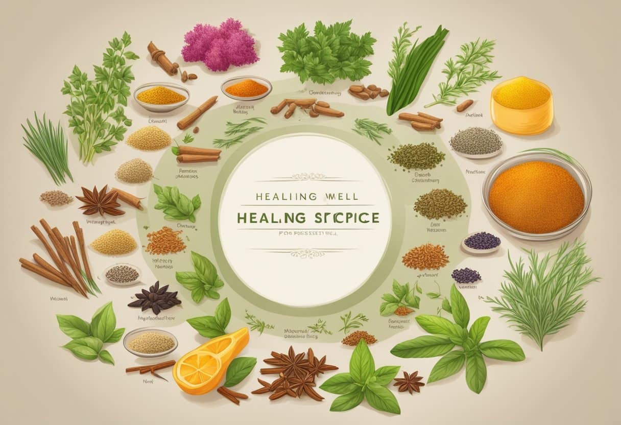 A collection of vibrant herbs and spices arranged in a circular pattern, with labels indicating their healing properties for digestive well-being