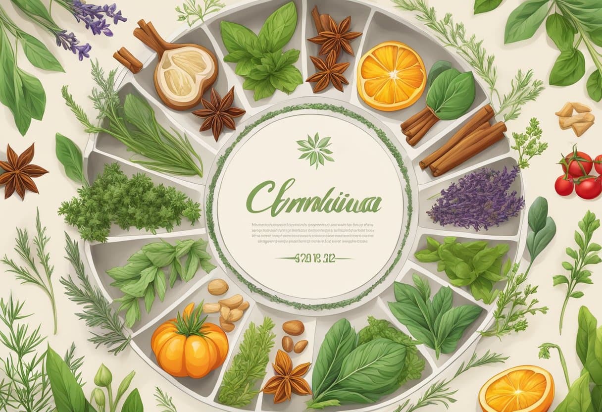 A variety of colorful and aromatic herbs and spices are arranged in a circular pattern, emitting a sense of healing and wellness. Each ingredient exudes a strong and natural antimicrobial effect, symbolizing their potential for better health