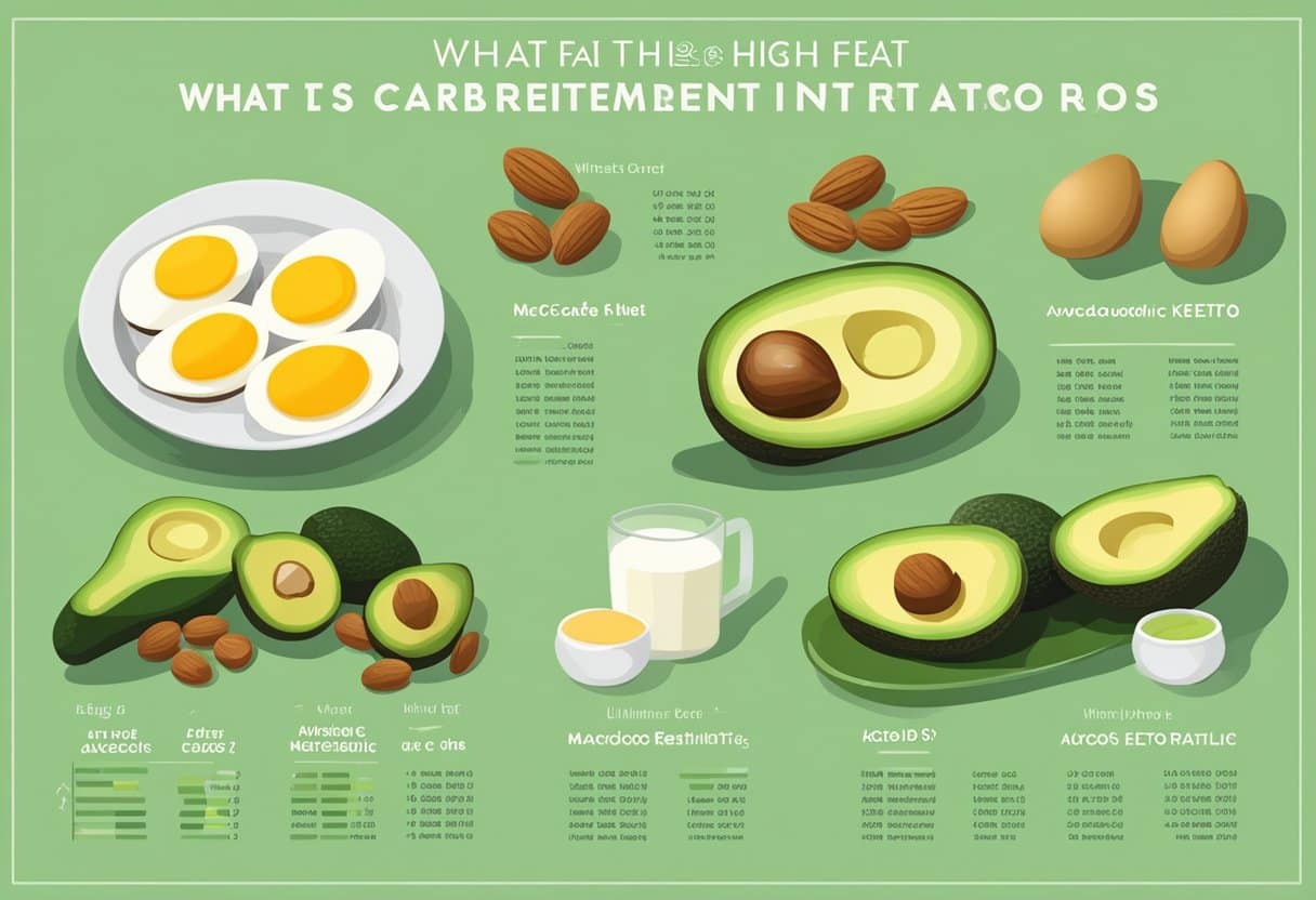 A table with various low-carb, high-fat foods, such as avocados, nuts, and eggs. A chart showing macronutrient ratios. Text: "What is the Ketogenic Diet? The Ultimate Keto Diet Guide Diet.