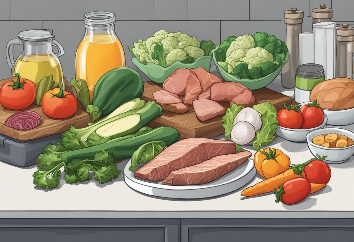A kitchen counter with fresh vegetables, meats, and healthy fats. A book titled "Keto Diet for Beginners" open to a page with a meal plan