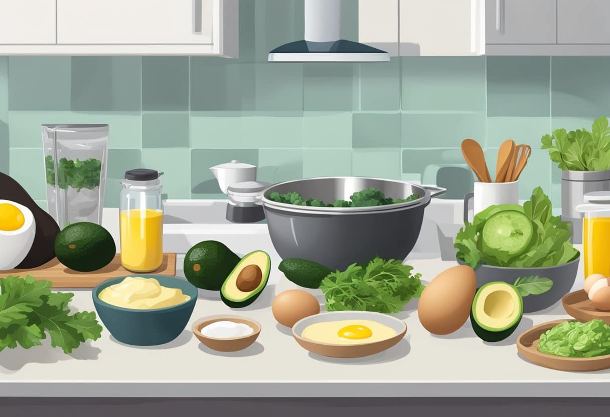A kitchen counter with various low-carb foods, such as avocados, eggs, and leafy greens. A scale and measuring cups sit nearby
