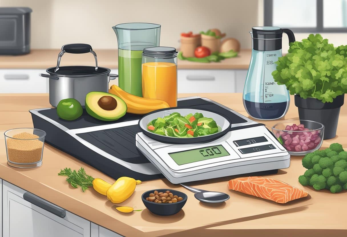 A kitchen counter with various low-carb foods, a cookbook titled "Planning Keto Meals: The Ultimate Guide to the Ketogenic Diet", and a digital food scale
