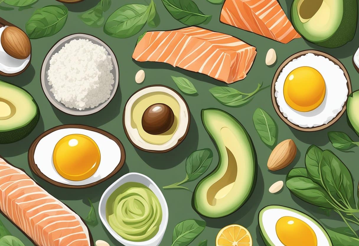 A table with keto foods: avocado, eggs, spinach, and salmon. Alternatives: cauliflower rice, zucchini noodles, almond flour, and coconut oil