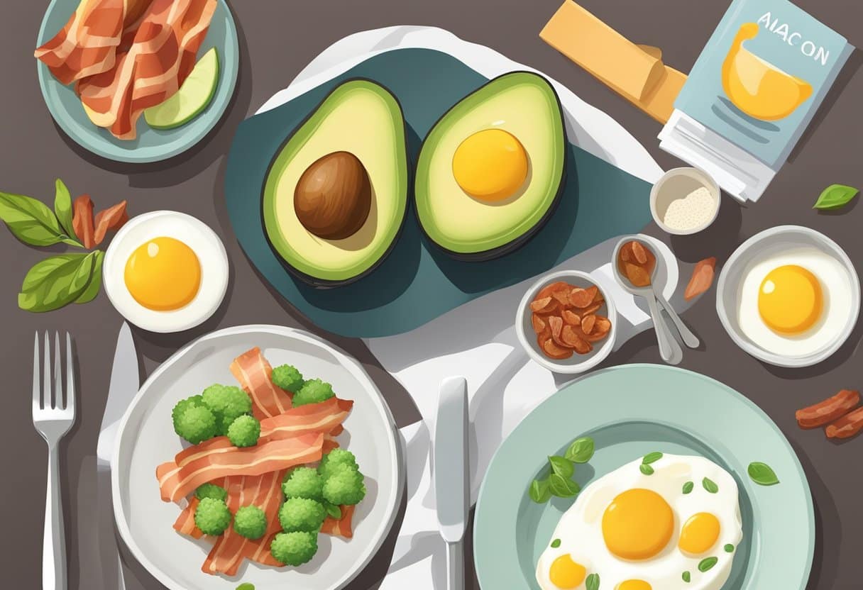 A table set with low-carb, high-fat foods like avocados, eggs, and bacon. A meal plan, keto-friendly cookbooks, and a scale are nearby
