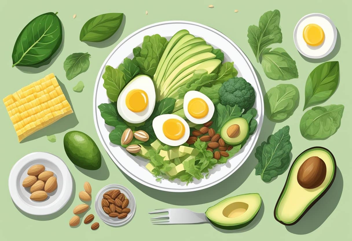A spread of low-carb, high-fat foods: avocados, nuts, eggs, and leafy greens. A scale with ketone strips, and a meal plan on a table