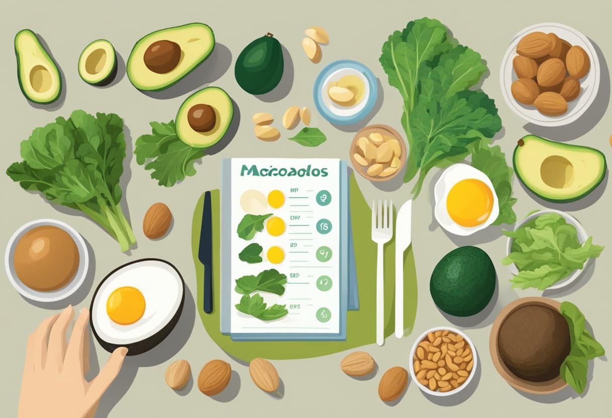 A table with various food items: avocados, eggs, nuts, and leafy greens. A scale showing macronutrient ratios. A person choosing between high-fat, low-carb options