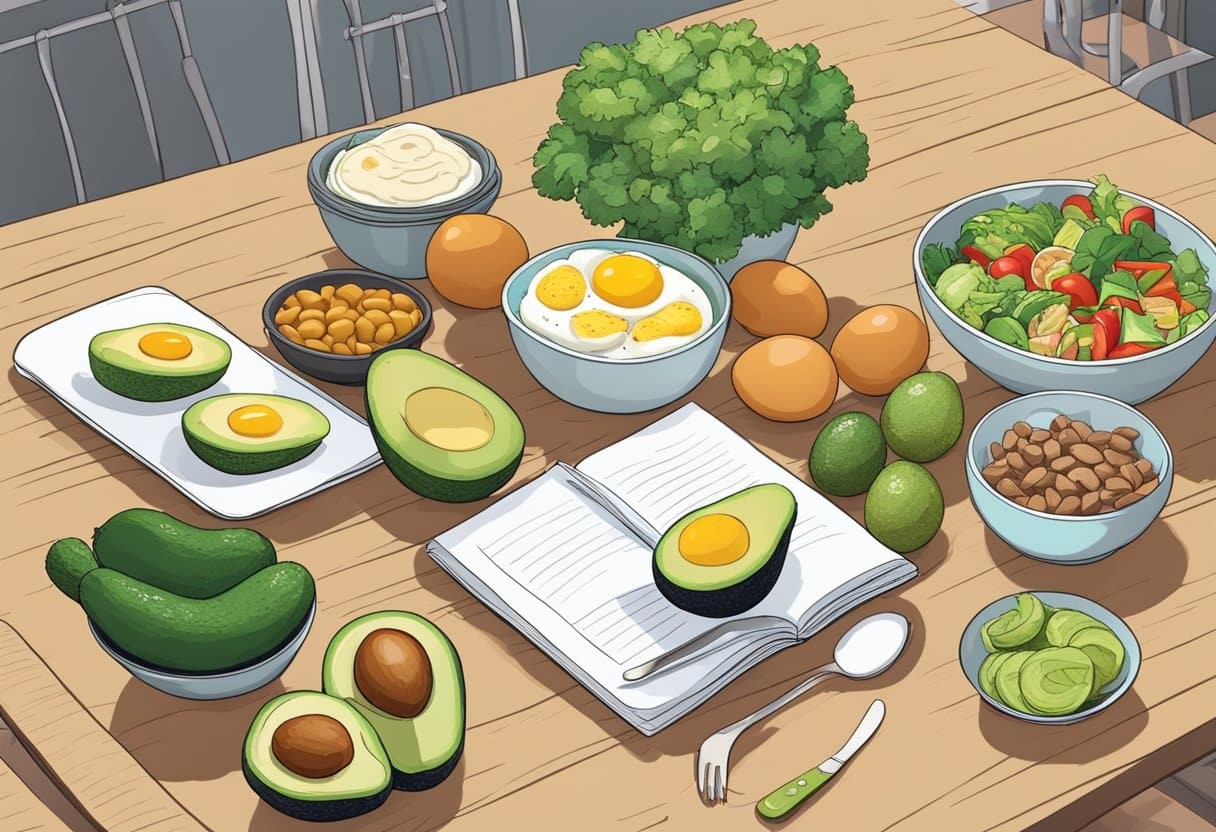 A kitchen table with low-carb, high-fat foods like avocados, eggs, and vegetables. A person's meal plan and a keto cookbook are laid out