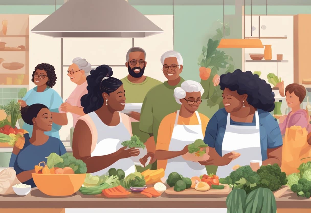 A diverse group of people of different ages and backgrounds, all engaged in various activities such as cooking, exercising, and grocery shopping, while following the principles of the keto diet