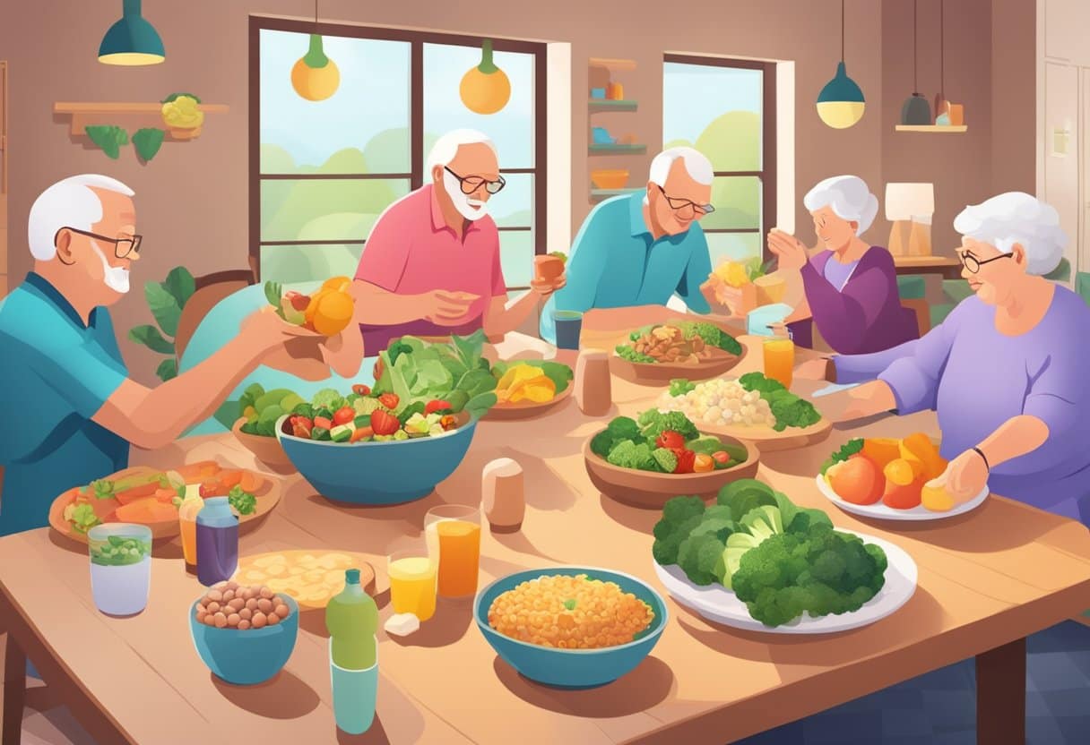 A group of seniors engaging in low-impact physical activities while enjoying a variety of keto-friendly foods. The scene exudes a sense of health and vitality