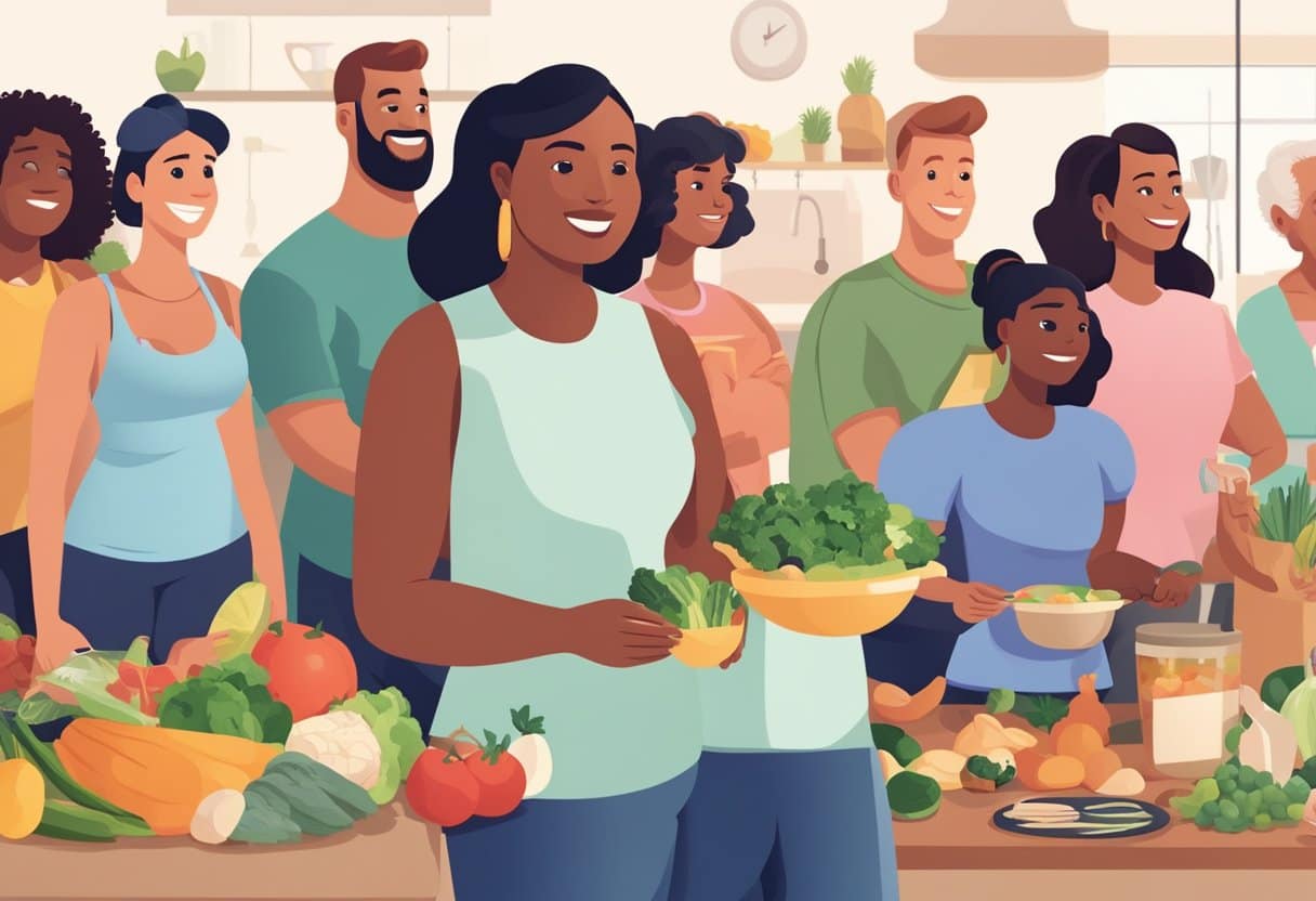 A diverse group of people of different ages, races, and body types engaging in various activities such as cooking, exercising, and grocery shopping while following the keto diet