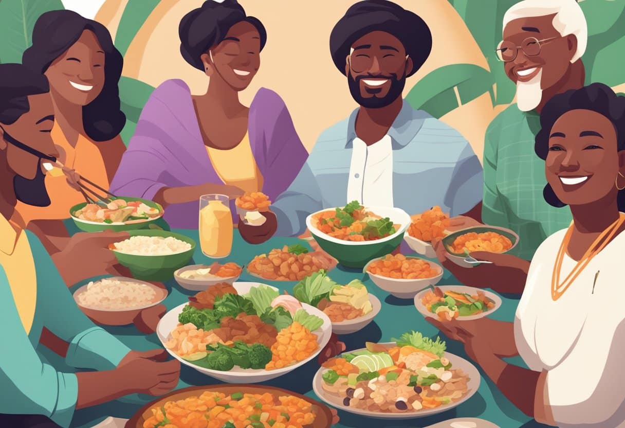 A diverse group of people from different regions enjoying traditional foods adapted to the keto diet