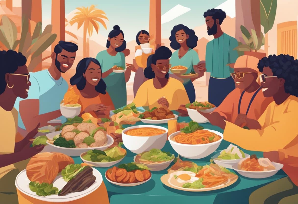 A diverse group of people from different regions enjoying traditional keto-friendly foods in a vibrant cultural setting