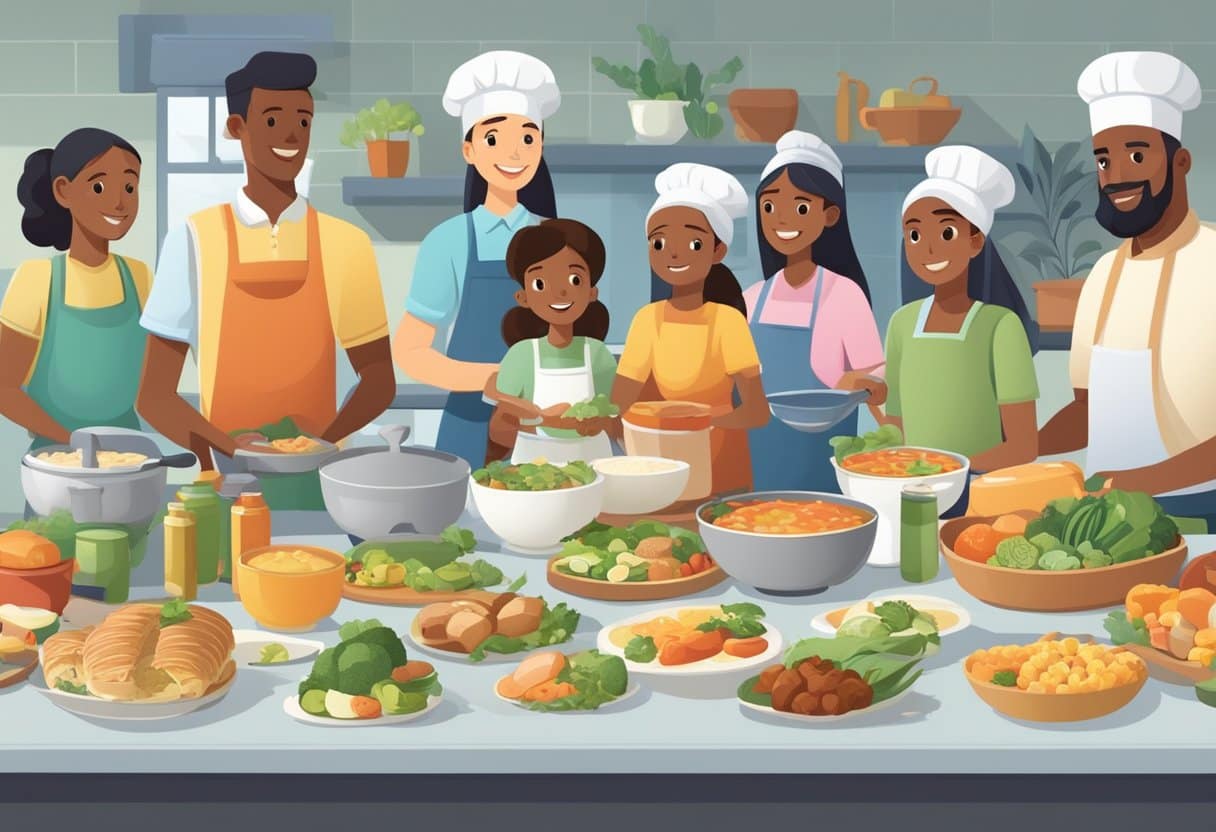 Various backgrounds, ages, and cultures represented by diverse food choices and kitchen settings. Income levels, family structures, and dietary preferences evident in meal preparation and consumption