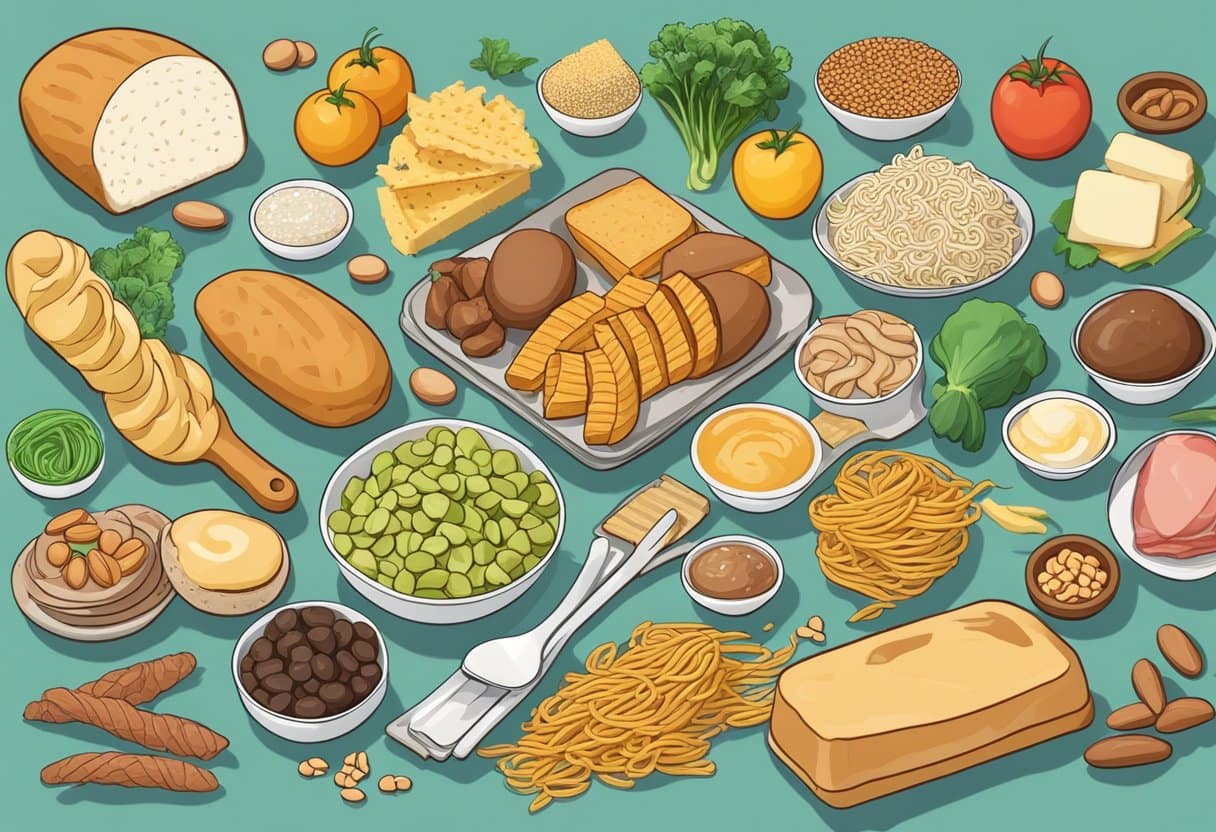 Various high-carb foods like bread, pasta, and sugary treats placed next to keto-friendly options like vegetables, meat, and healthy fats