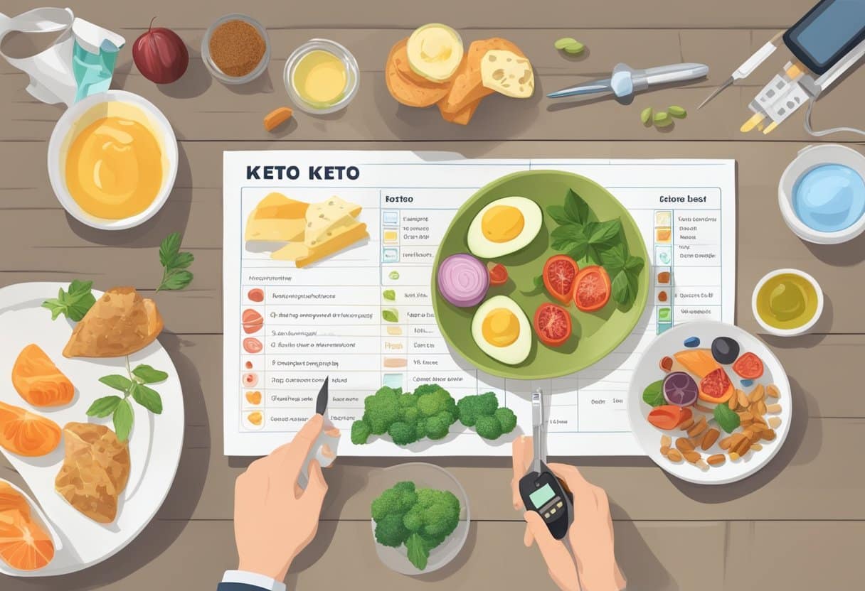 A table with various keto-friendly foods and a list of common mistakes. A person measuring ketone levels with a blood test kit