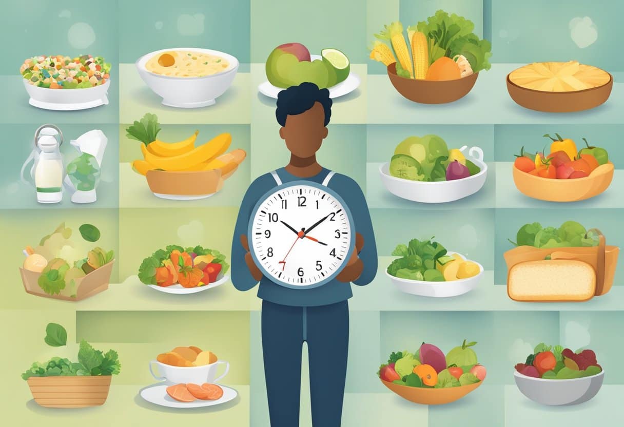 A clock showing specific eating times, a scale displaying weight loss, a variety of healthy foods, a person feeling energized, a smaller clothing size, and a calendar tracking progress