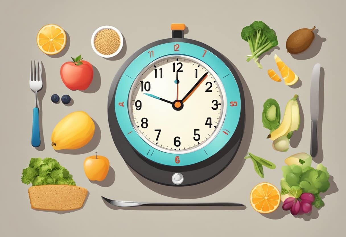 A clock showing the time intervals of fasting and eating, surrounded by healthy food options and a scale showing weight loss progress