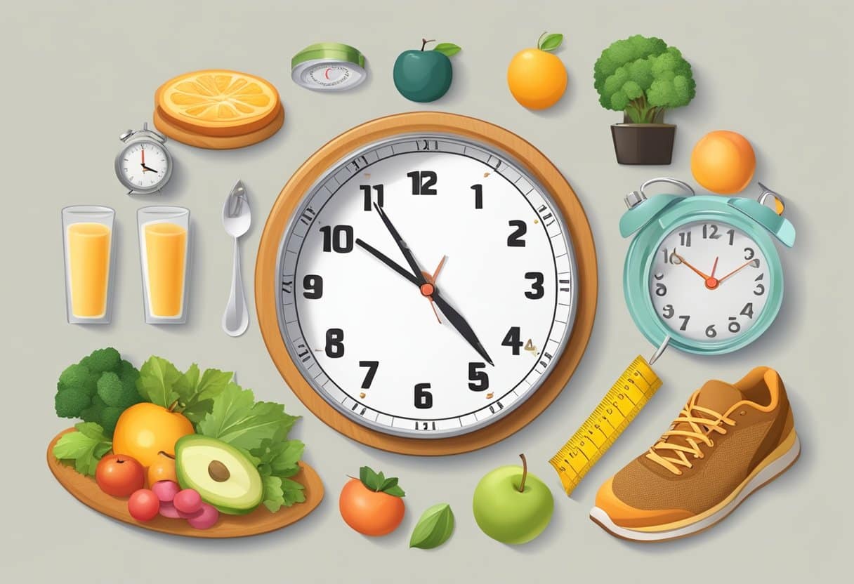 A clock showing different time intervals, a plate with healthy food, a scale showing weight loss, a lit candle representing discipline, a running shoe, and a measuring tape