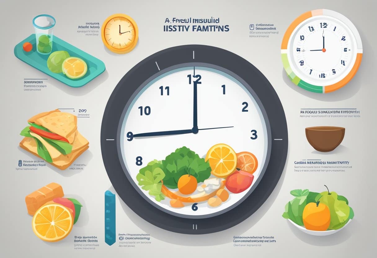 A clock showing a time interval, a plate of food, a measuring tape, a graph showing improved insulin sensitivity, a body silhouette with reduced fat, and a list of top 6 reasons for intermittent fasting