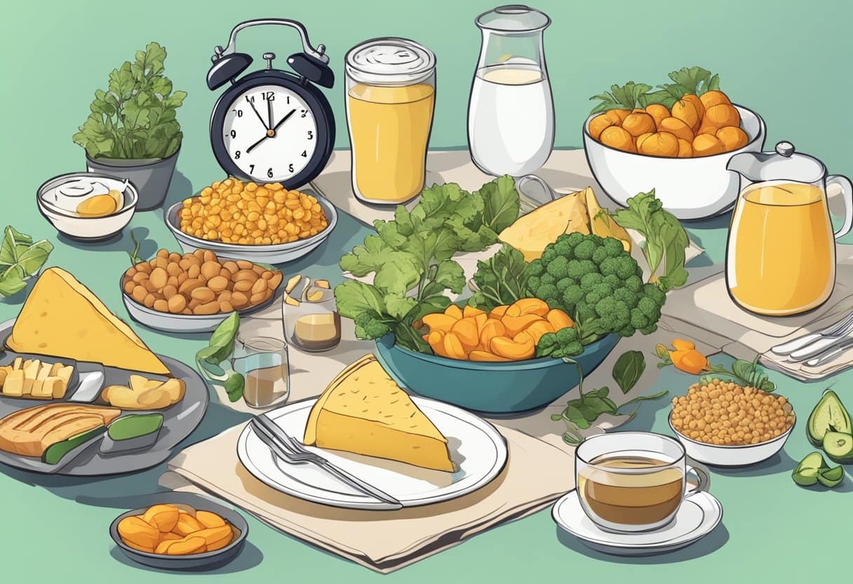 A table with various foods and a clock showing different times, representing the benefits of intermittent fasting for hormone balance and fat loss