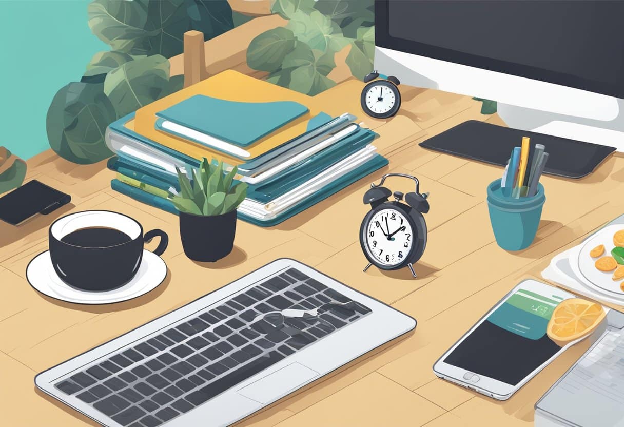A person's desk with a computer, healthy snacks, water, and a clock showing intermittent fasting schedule