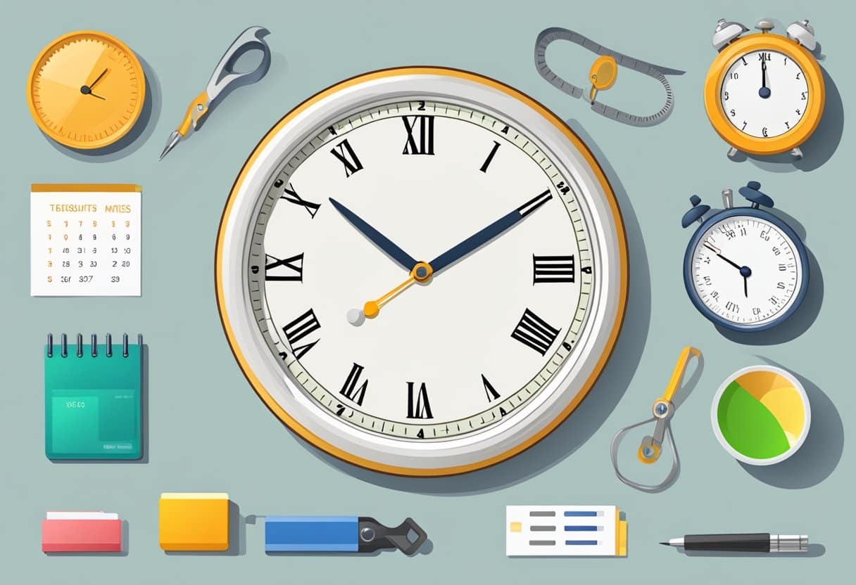 A clock showing different times, an empty plate, a measuring tape, a scale, a calendar, and a list of benefits