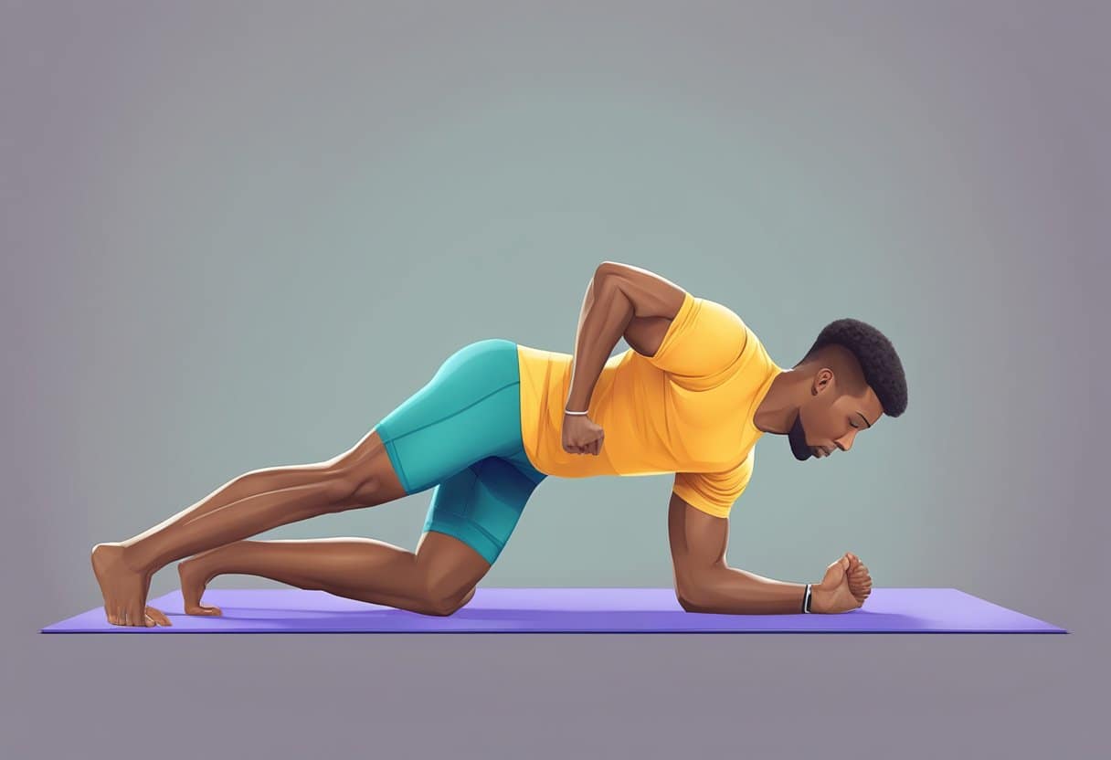 A person doing a plank on a yoga mat, with straight arms and a flat back, engaging their core muscles