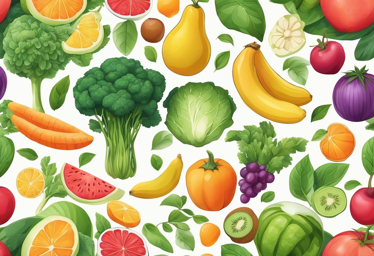 A collection of colorful fruits and vegetables arranged on a clean, white surface, surrounded by water and natural elements