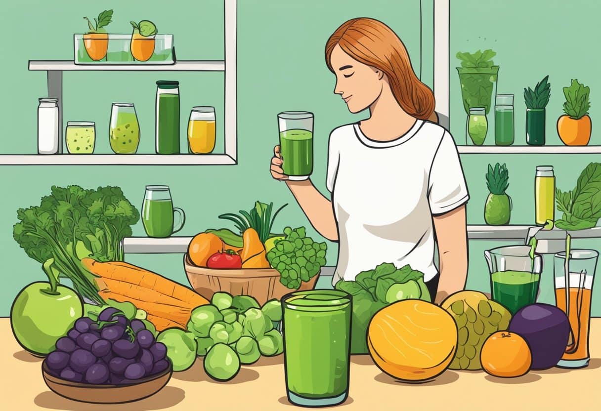 A table filled with colorful fruits, vegetables, and detoxifying drinks. A person holding a glass of green juice with a satisfied expression