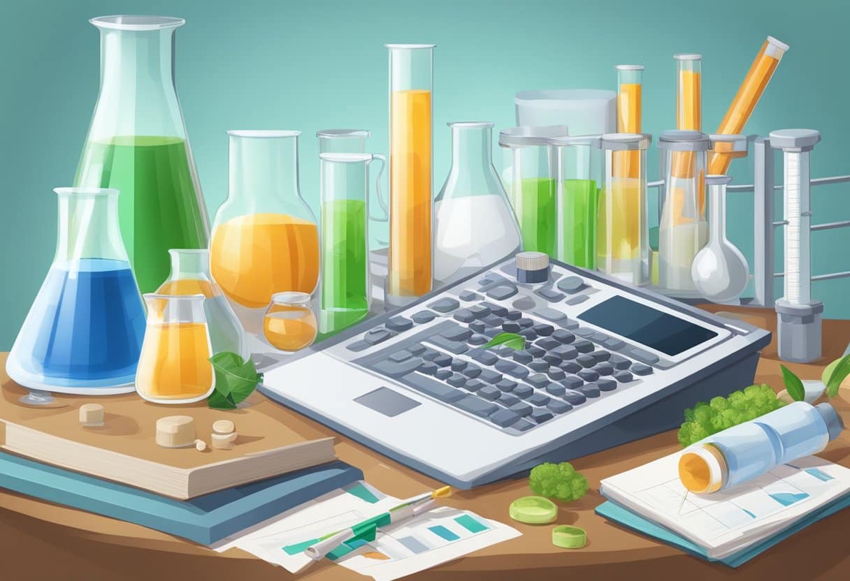A laboratory with test tubes, beakers, and scientific equipment. A chart showing the process of detoxification. Research papers and books on detox diets and cleanses scattered on a desk
