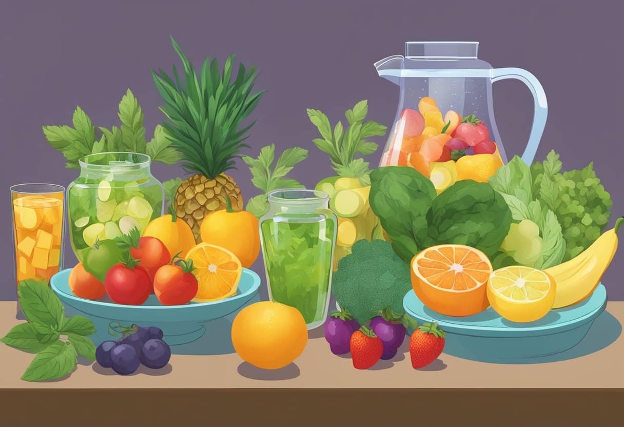 A table with various fruits, vegetables, and herbs arranged in a colorful and appetizing display. A glass pitcher filled with infused water sits nearby