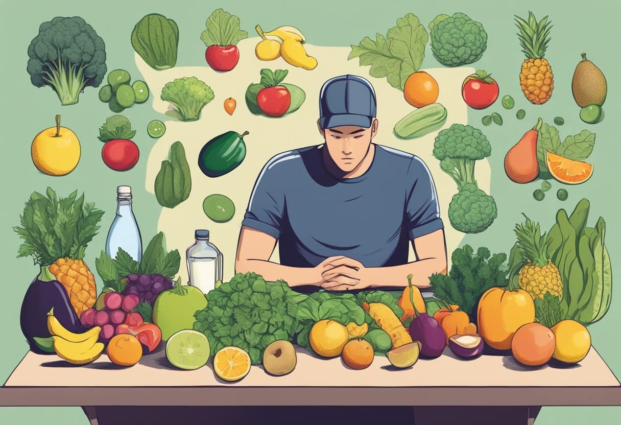 A person sitting at a table surrounded by various fruits, vegetables, and detox drinks. A puzzled expression on their face as they consider the risks and side effects of detox diets and cleanses