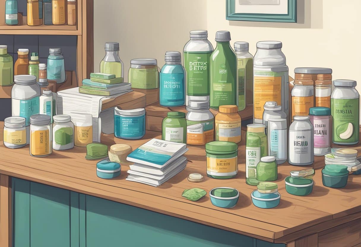 A table cluttered with detox products and supplements, with a variety of labeled bottles and packages. A scale and measuring cup sit nearby, along with a stack of books on diet and health