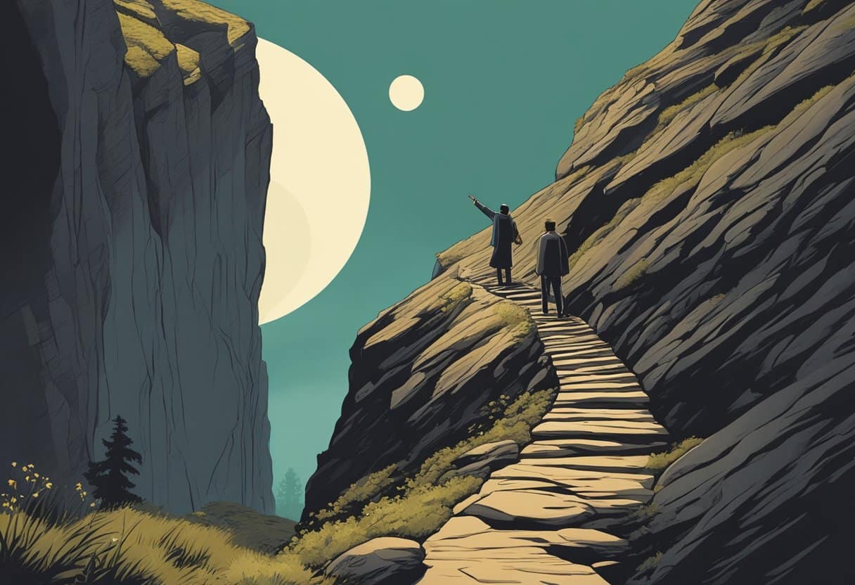 A shadowy figure looms over a cliff, pointing towards a treacherous path below. A warning sign flashes in the background