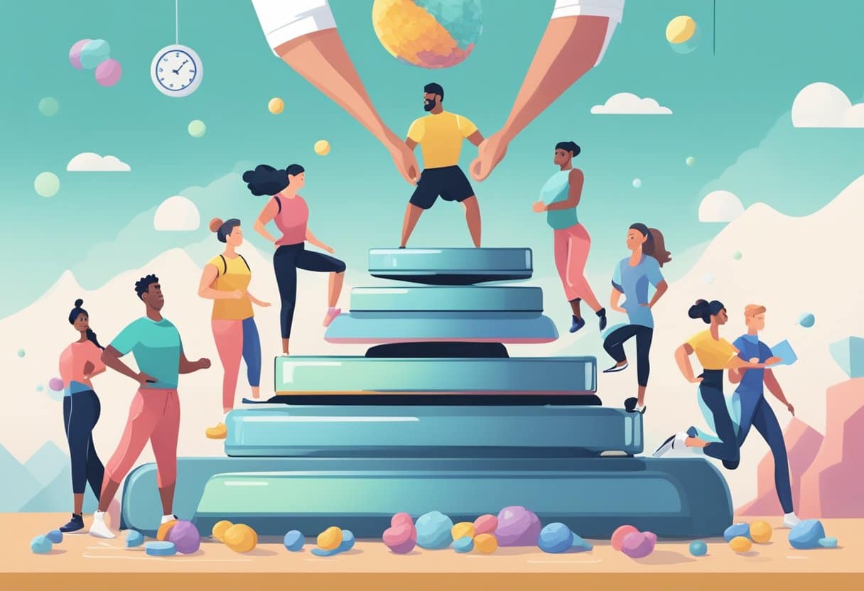A scale tipping towards a pile of scientific studies, while a group of fitness influencers stand on the other side, trying to push it down