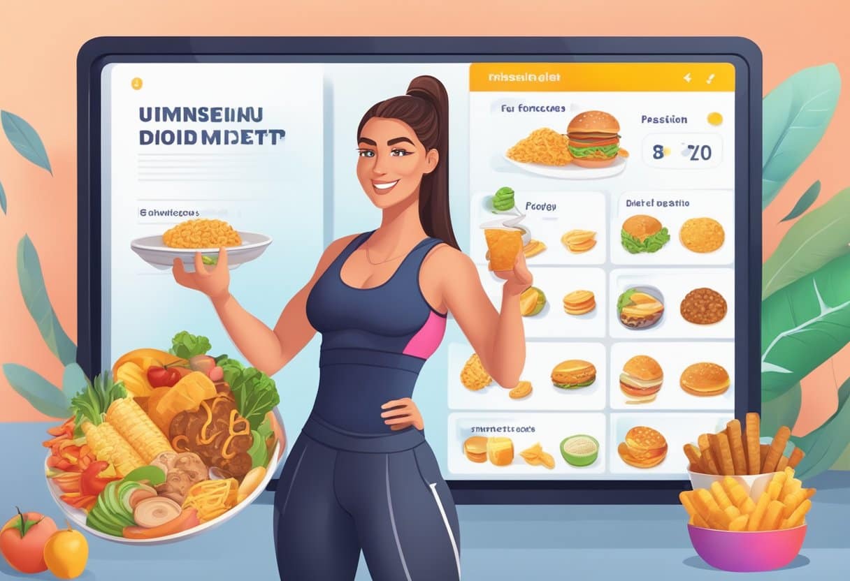 A fitness influencer holds a plate of unhealthy food, while pointing to a misleading diet plan on a screen