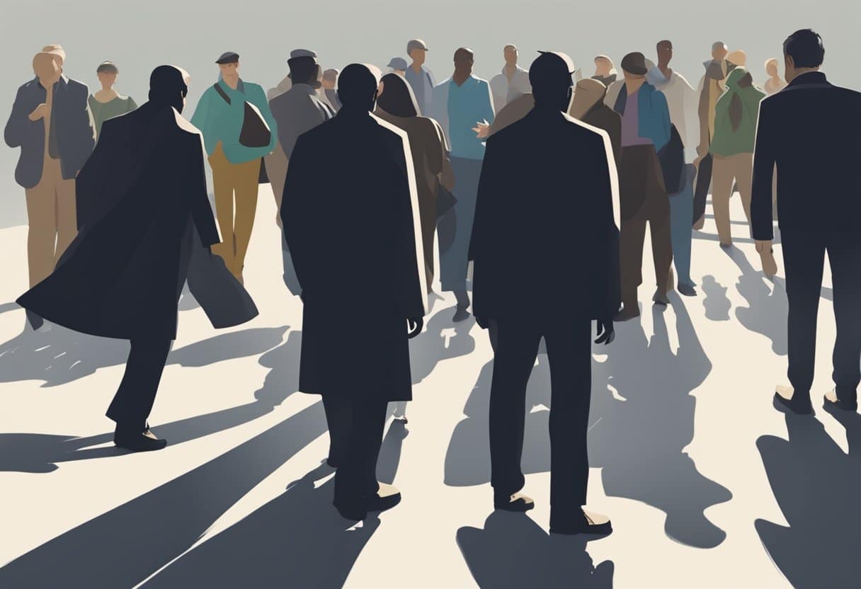 A shadowy figure looms over a group of people, their faces twisted in anguish as they follow the figure's every move