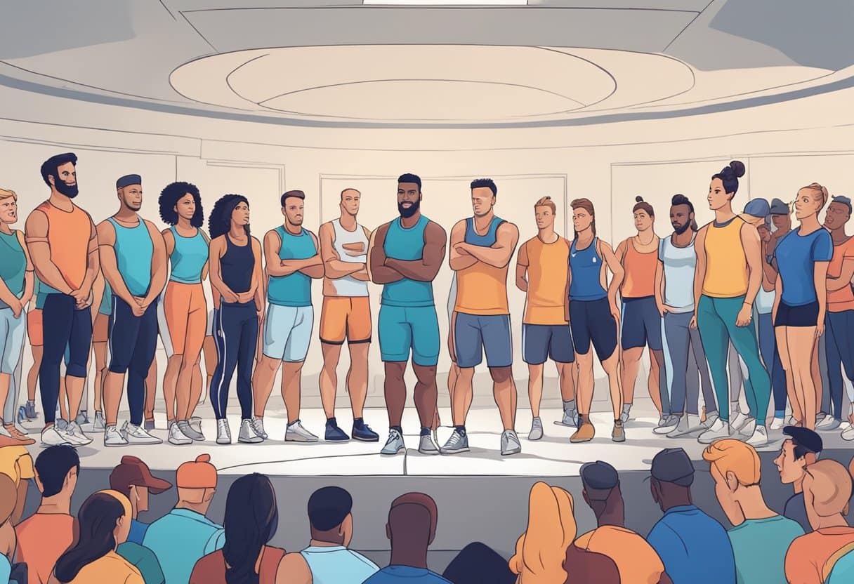 a group of people standing in a room with a crowd of people