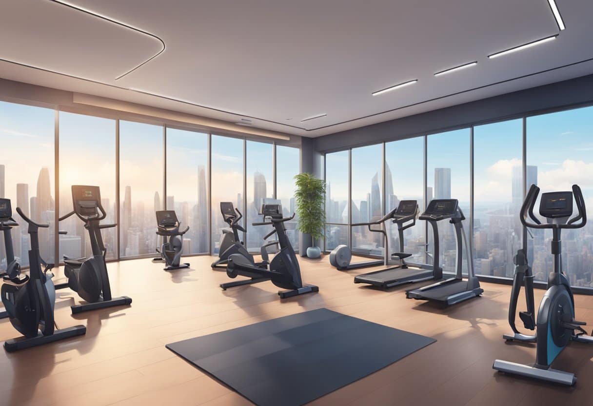 A sleek, modern gym with high-tech equipment and panoramic city views. Busy professionals in suits and sneakers work out with personal trainers