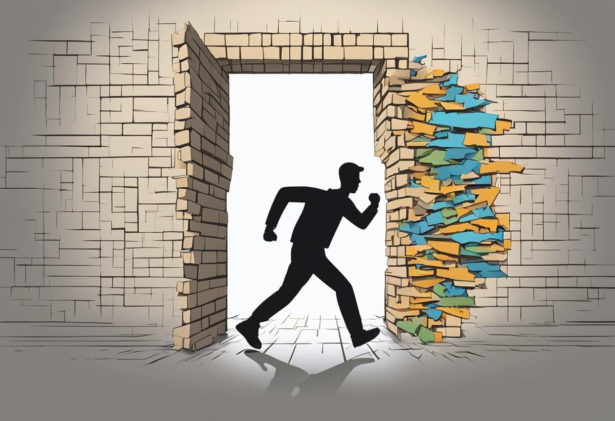A figure breaking through a wall with the words "Overcoming Mental Barriers Running" written on it, symbolizing the ultimate personal training solution for busy executives