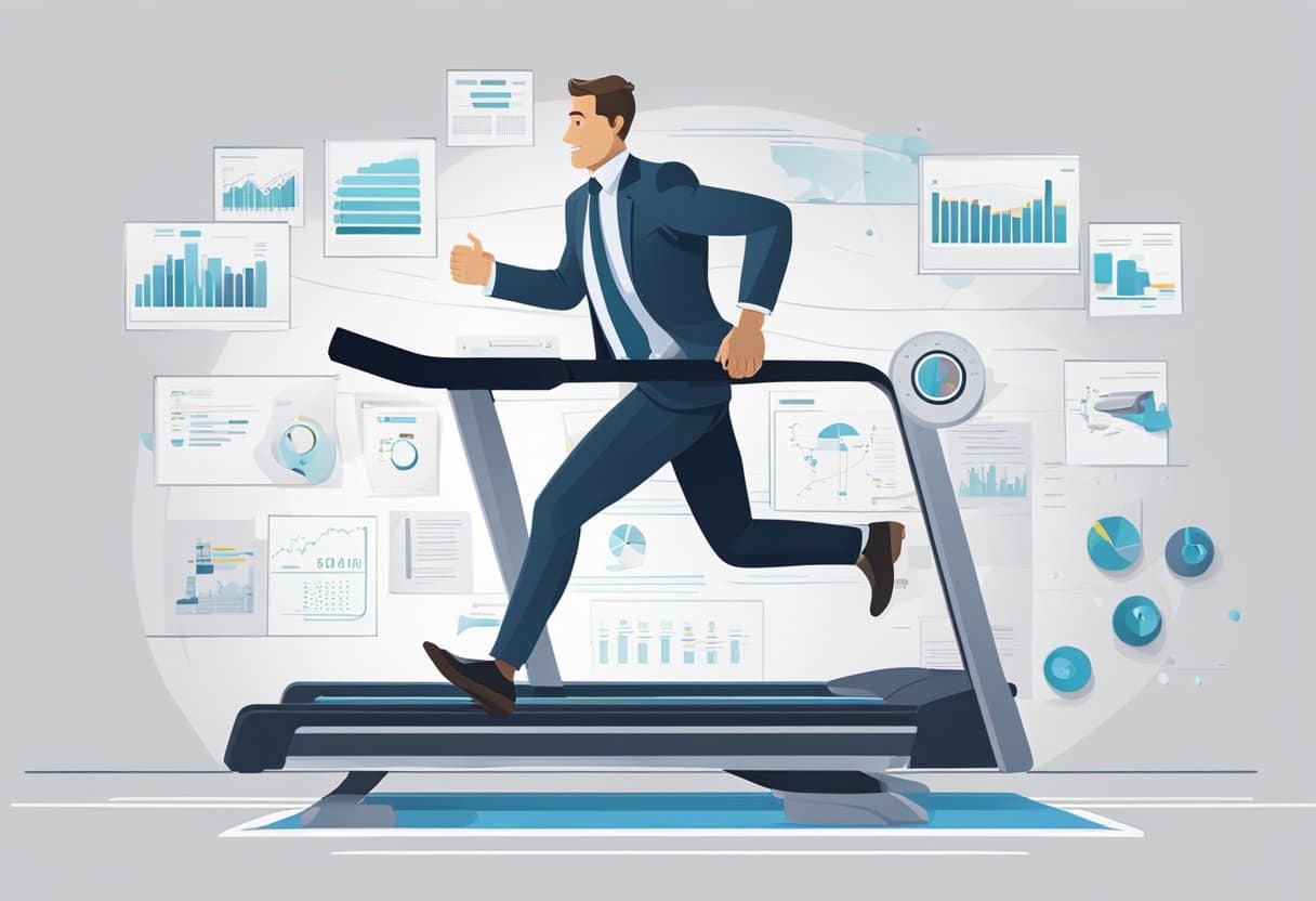 A busy executive in a suit running on a treadmill with a personalized training plan displayed on a digital screen