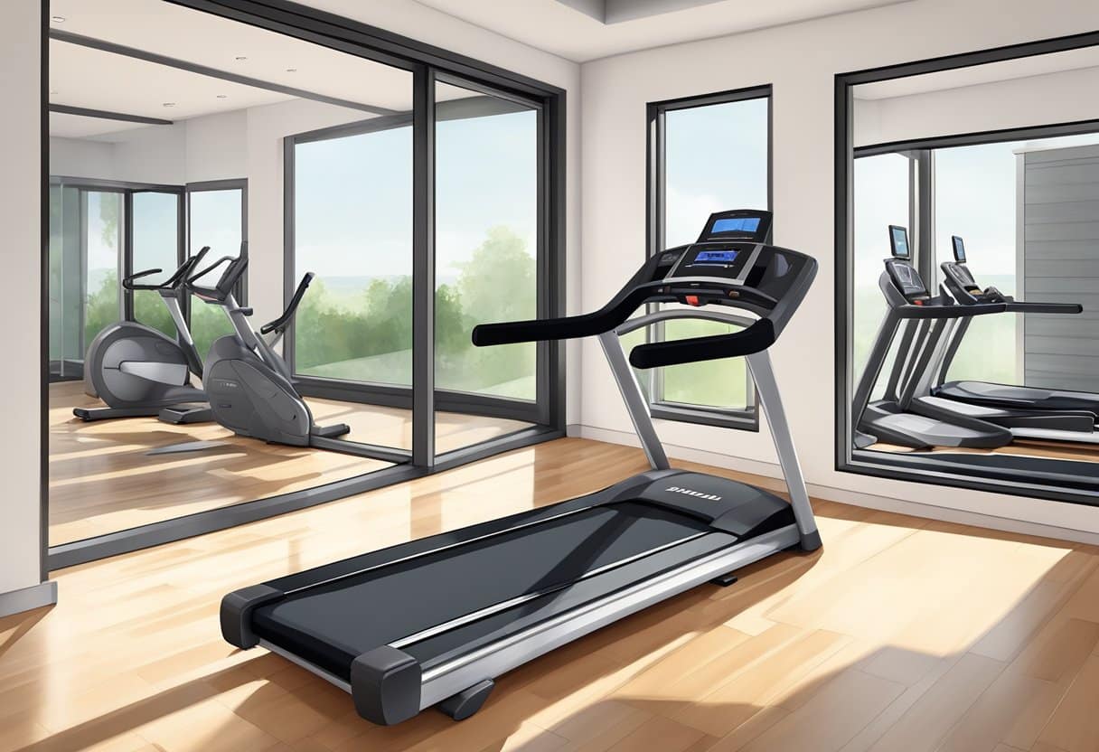 A sleek, modern treadmill sits in a spacious, well-lit home gym. The room is filled with state-of-the-art exercise equipment, creating an inviting environment for a productive workout