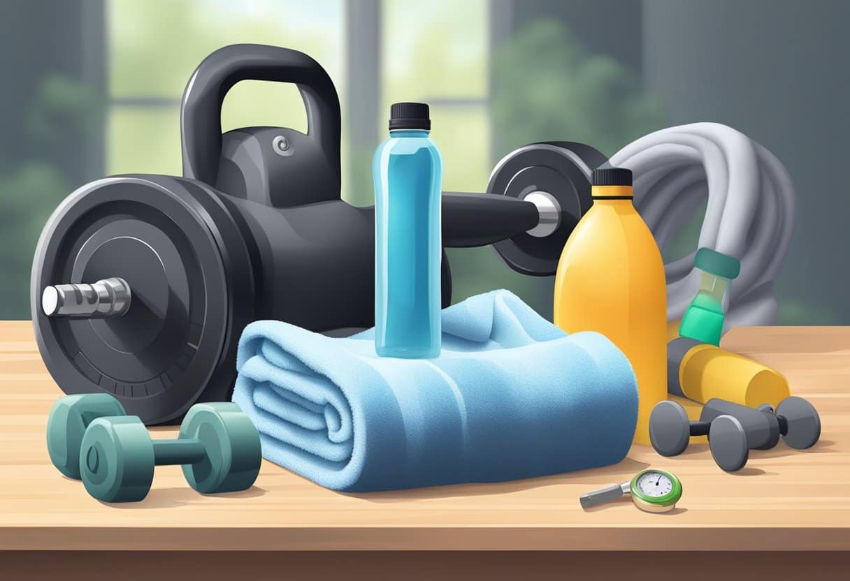 A gym setting with various exercise equipment, a stopwatch, and a water bottle. Sweaty towels and a sense of urgency in the air