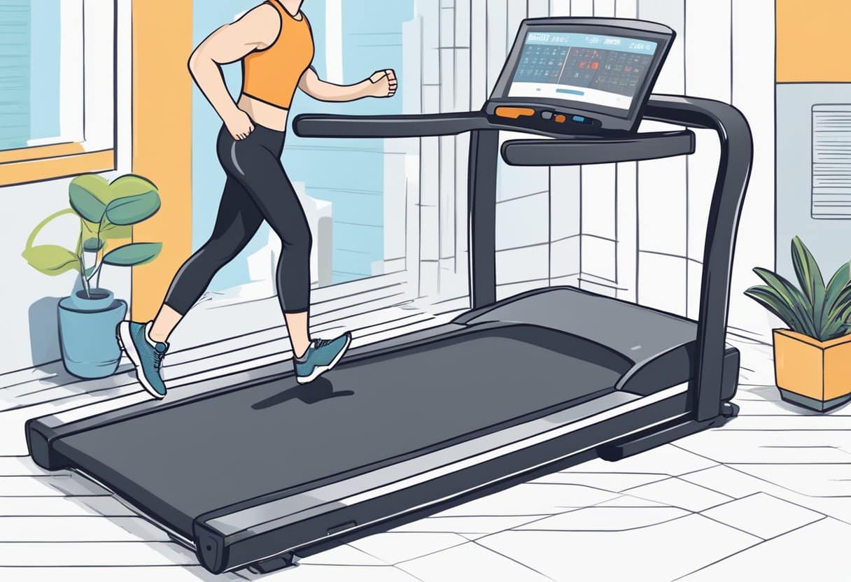 A stopwatch on a treadmill with a graph showing intervals. A calendar with marked workout days. A busy professional in running gear. A laptop with workout plans