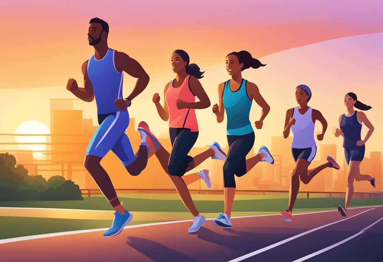 Busy professionals engage in interval training: sprinting, jogging, and walking on a track. The sun sets in the background, casting a warm glow over the scene