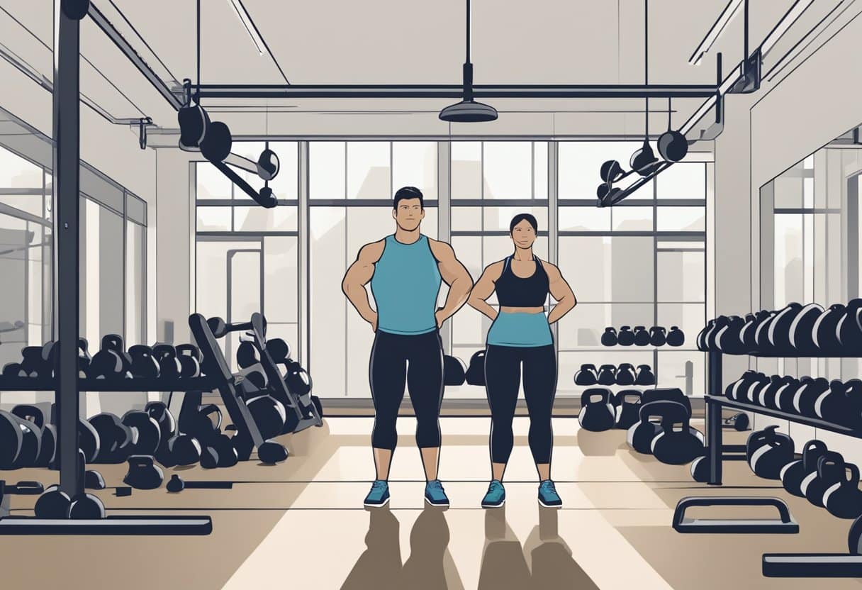 A person stands in a gym, surrounded by various sizes of kettlebells. They are performing a full-body workout, including squats, lunges, and overhead presses