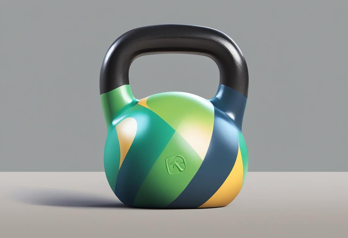 A kettlebell sits on the ground, ready for use. A person's feet are positioned shoulder-width apart, with arms extended to grasp the handle