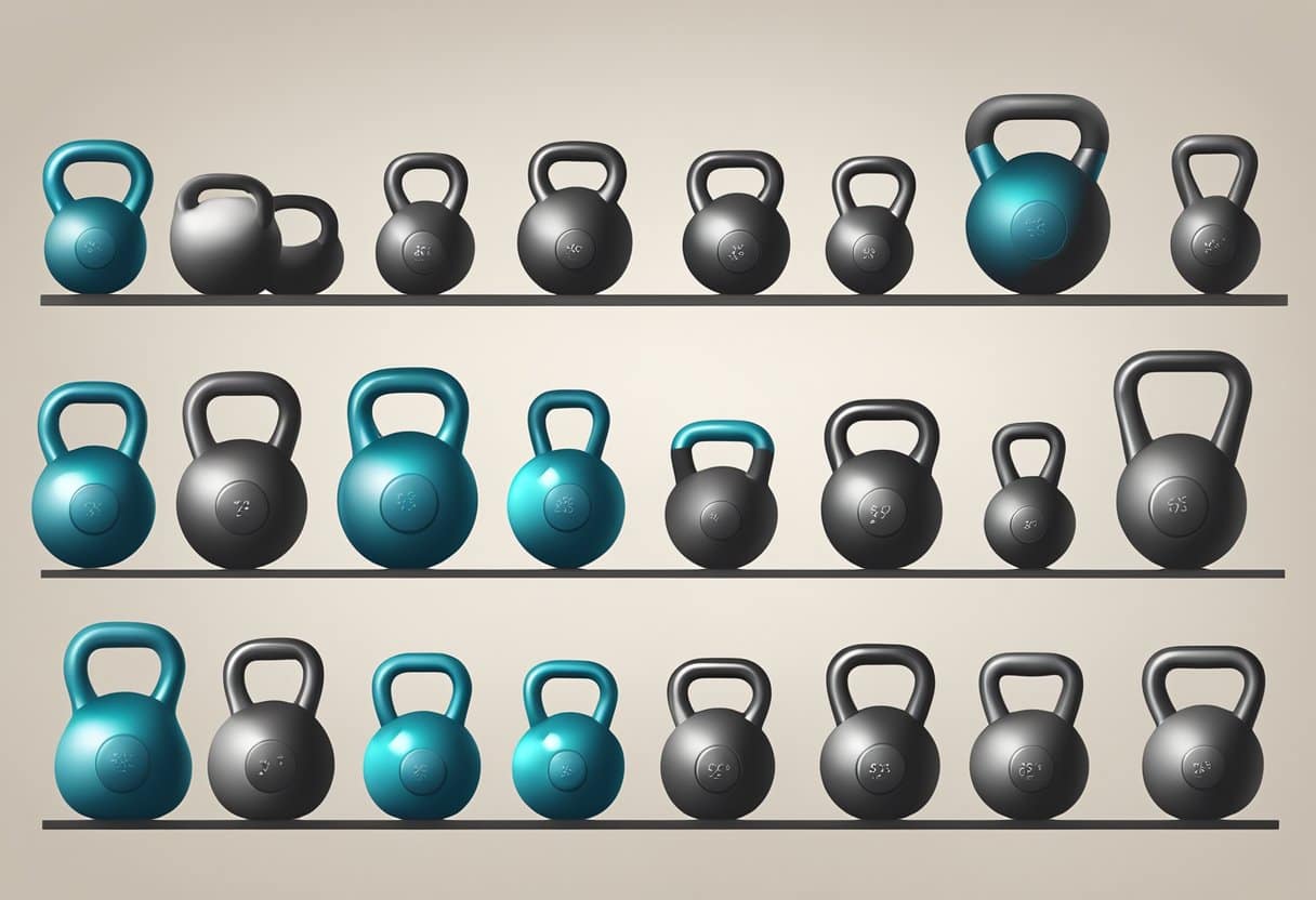 Kettlebells of various weights arranged on a gym floor. Illustrate a circuit of 10 fundamental movements, such as swings and squats, with proper form