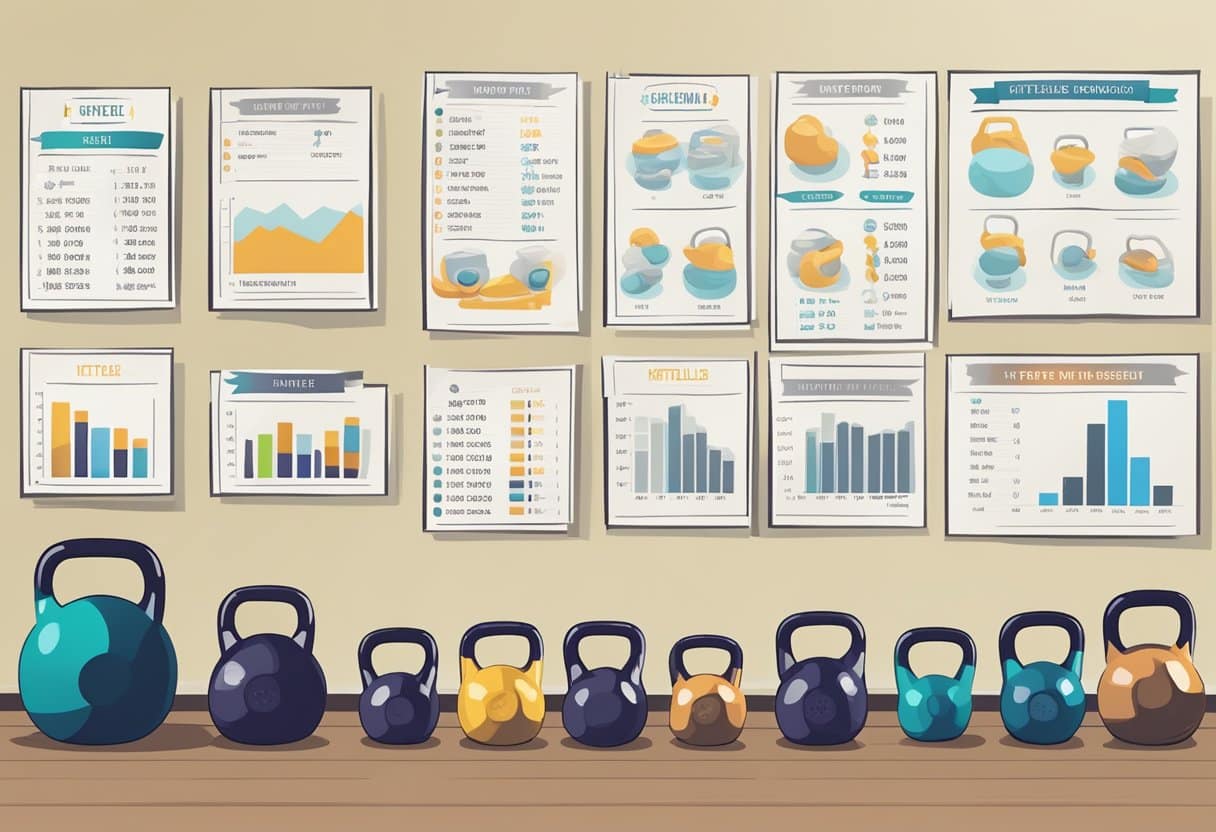 A gym setting with various kettlebell weights lined up, a workout mat, and a water bottle. An exercise chart on the wall shows different full-body kettlebell exercises