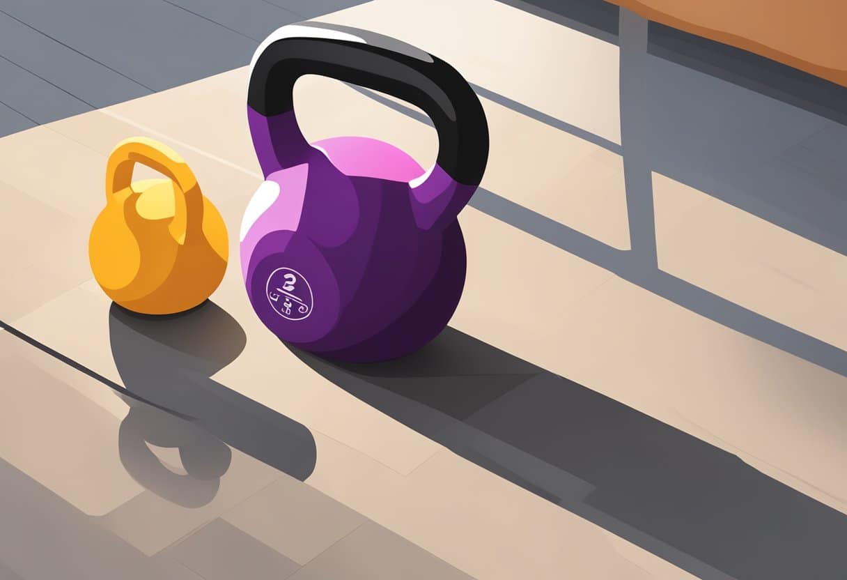 A kettlebell sits on the floor next to a workout mat. The room is well-lit with natural light, and there are no other objects in the scene